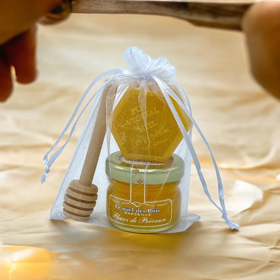 Mini pots de miel de 30g + mini cuillère en bois + mini savon au miel