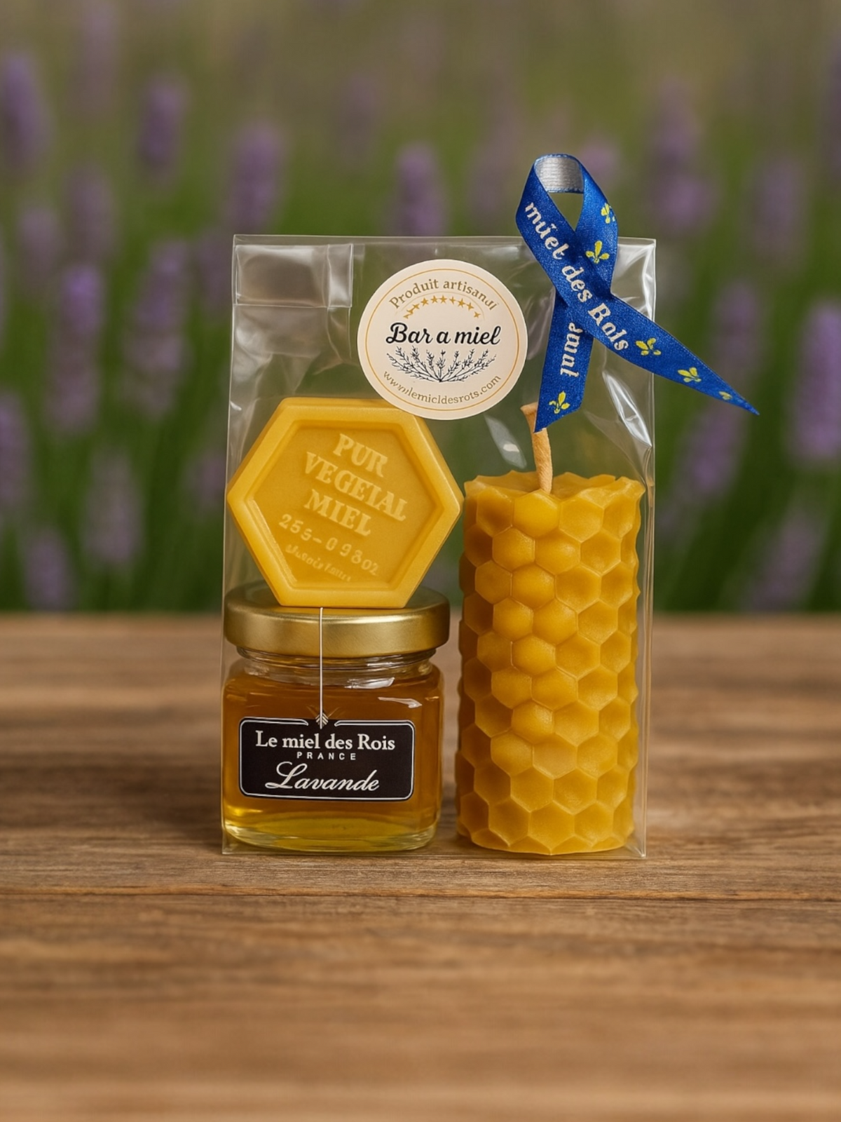 Coffret cadeau artisanal – Miel de Lavande de Provence, bougie en cire d’abeille & savon au miel