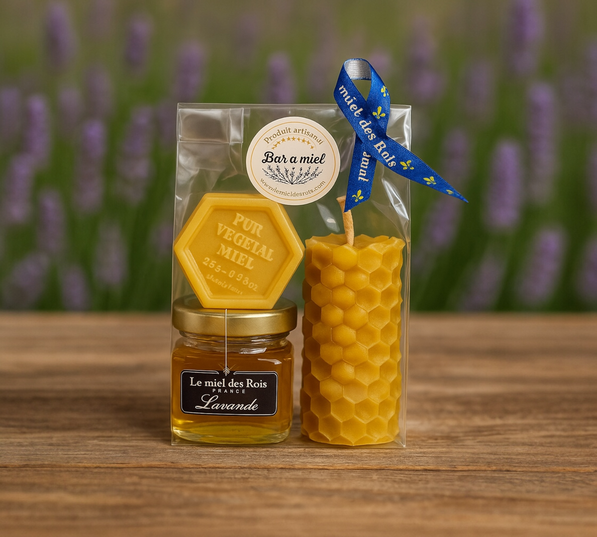 Coffret cadeau artisanal – Miel de Lavande de Provence, bougie en cire d’abeille & savon au miel