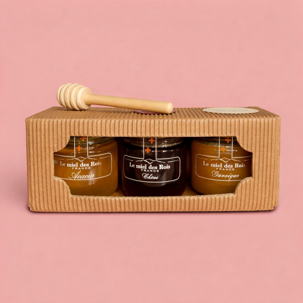 Coffret Cadeau Miel Artisanal – Sélection Premium, 3 miels de Provenance