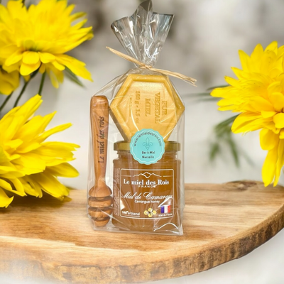 Cadeau original :Un miel de 250 g France + savon au miel végétal + une cuillère en bois