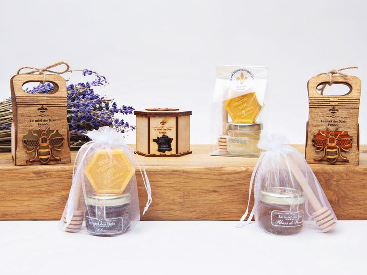 4 mini pots de miel de Provence + mini cuillère en bois + mini