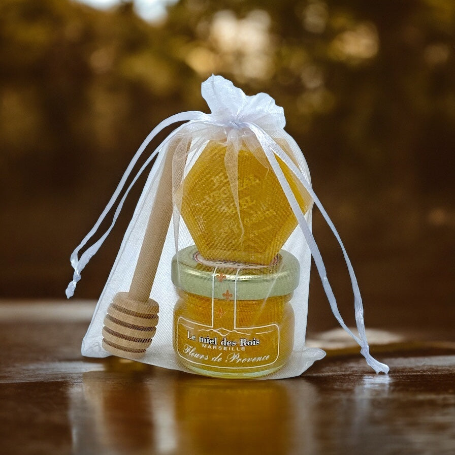 Mini pots de miel de 30g + mini cuillère en bois + mini savon au miel