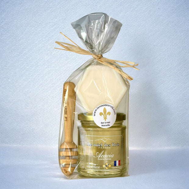 Un pot de miel de 250 g France + savon de miel végétal + une cuillère en bois