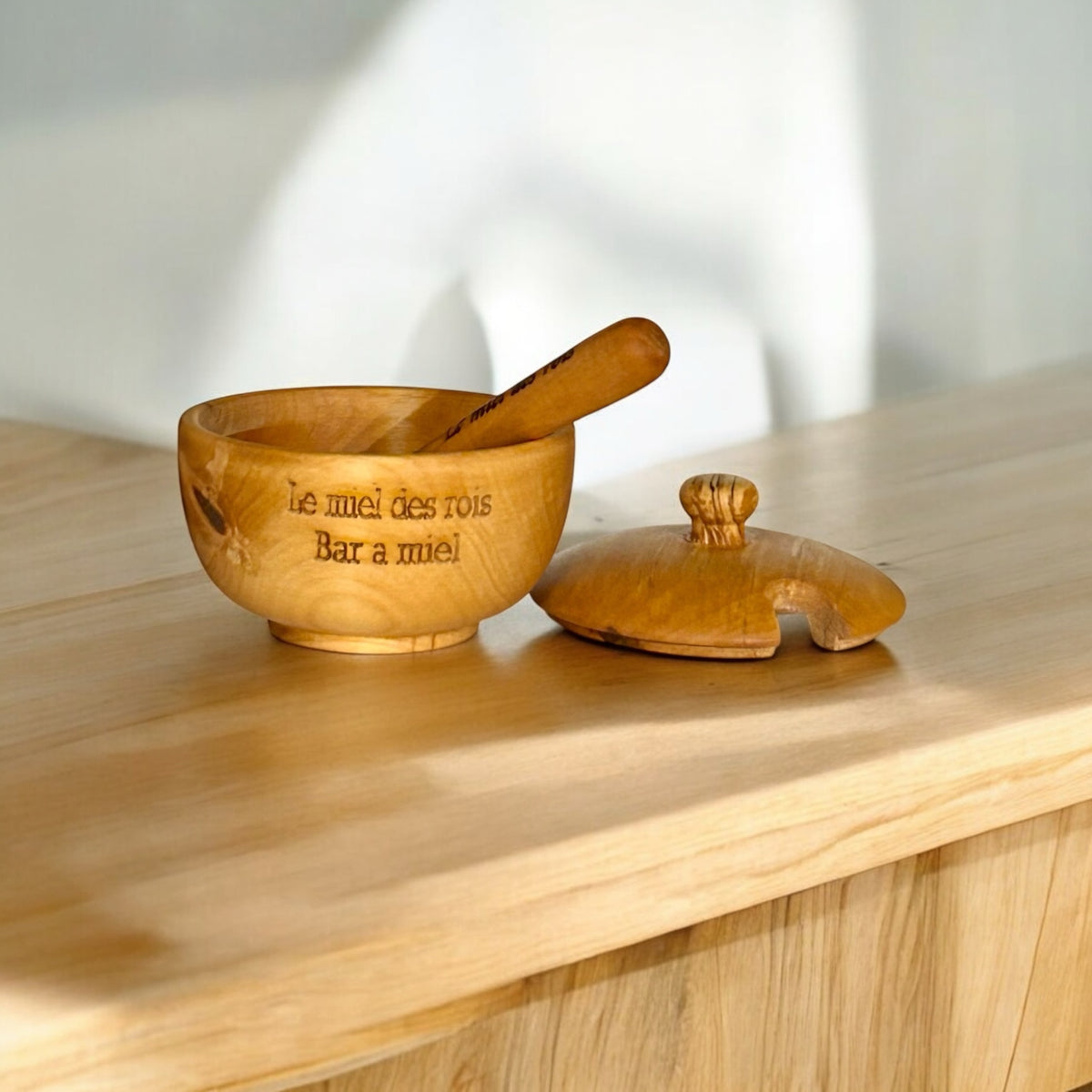 Bol en bois + couvercle + cuillère à miel