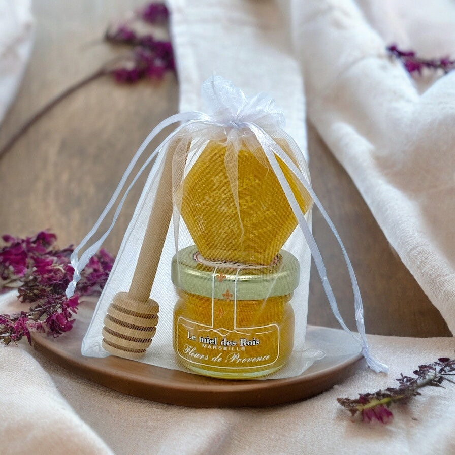Mini pots de miel de 30g + mini cuillère en bois + mini savon au miel