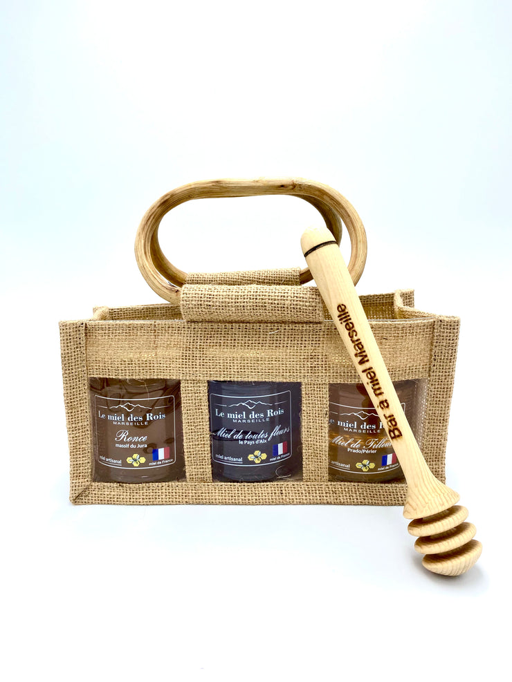 Gift basket for 3 honeys of 250 g + wooden spoon