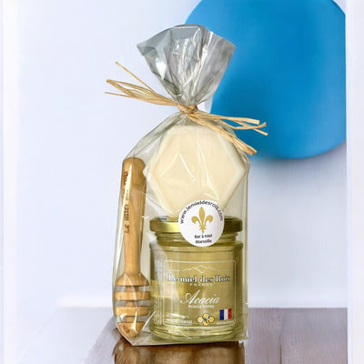 Un pot de miel de 250 g France + savon de miel végétal + une cuillère en bois